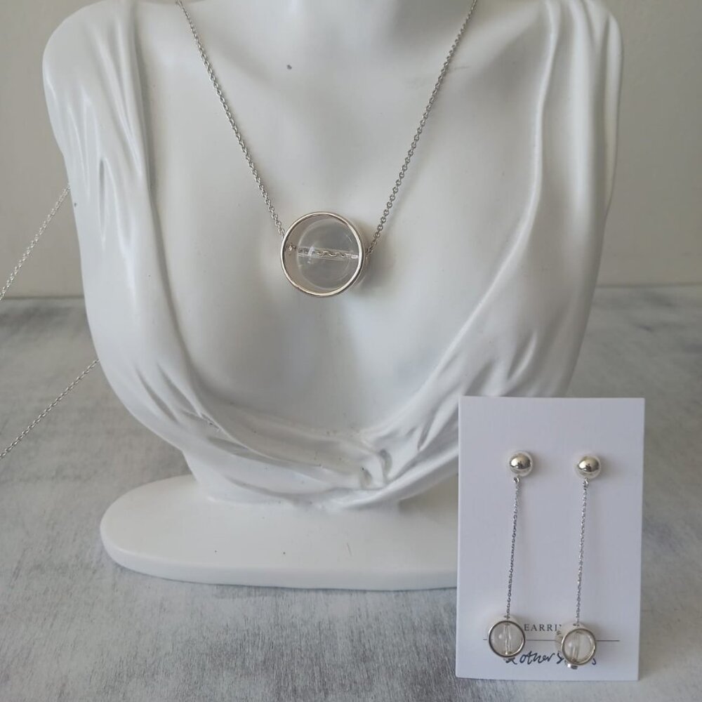& OTHER STORIES Set of ORB PENDANT EARRINGS SILVER & Clear and Matched Necklace - Picture 3 of 11